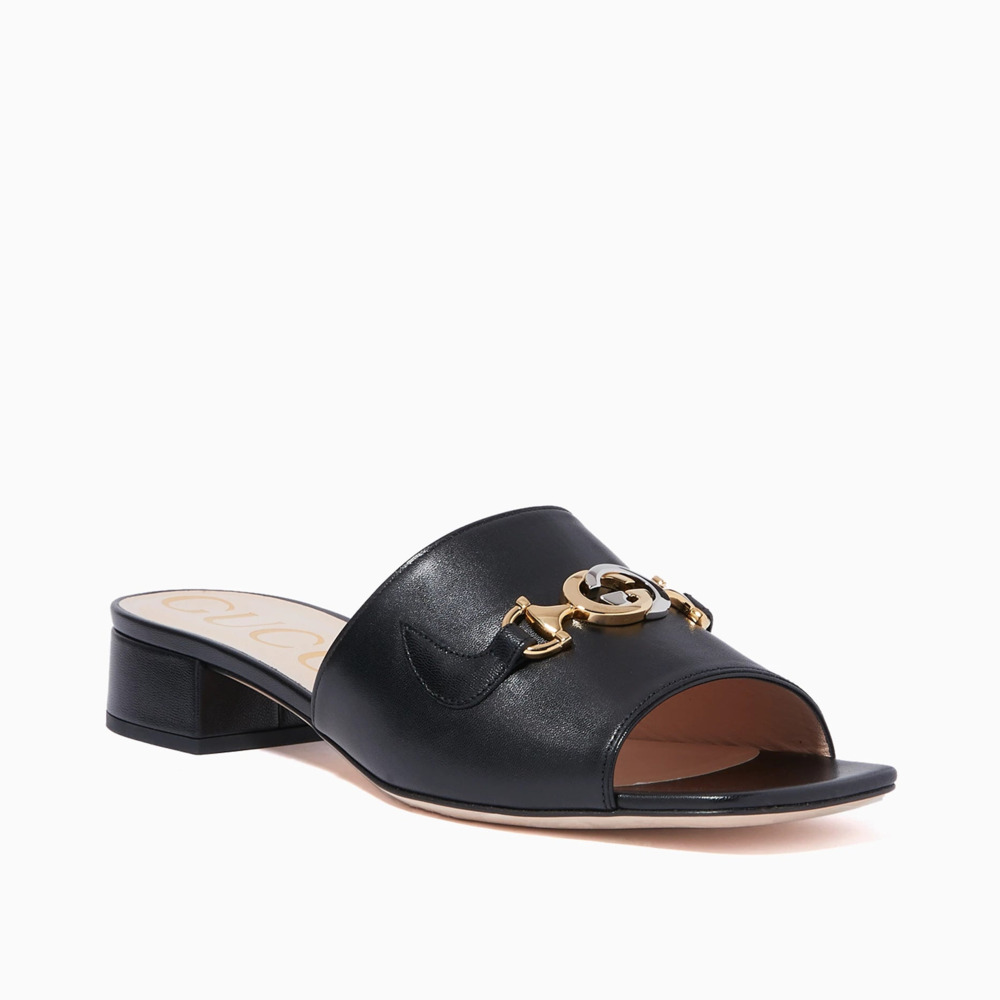 Gucci Zumi Leather Horsebit Slip On Block Heel Slide Sandals Black Women's EU 37